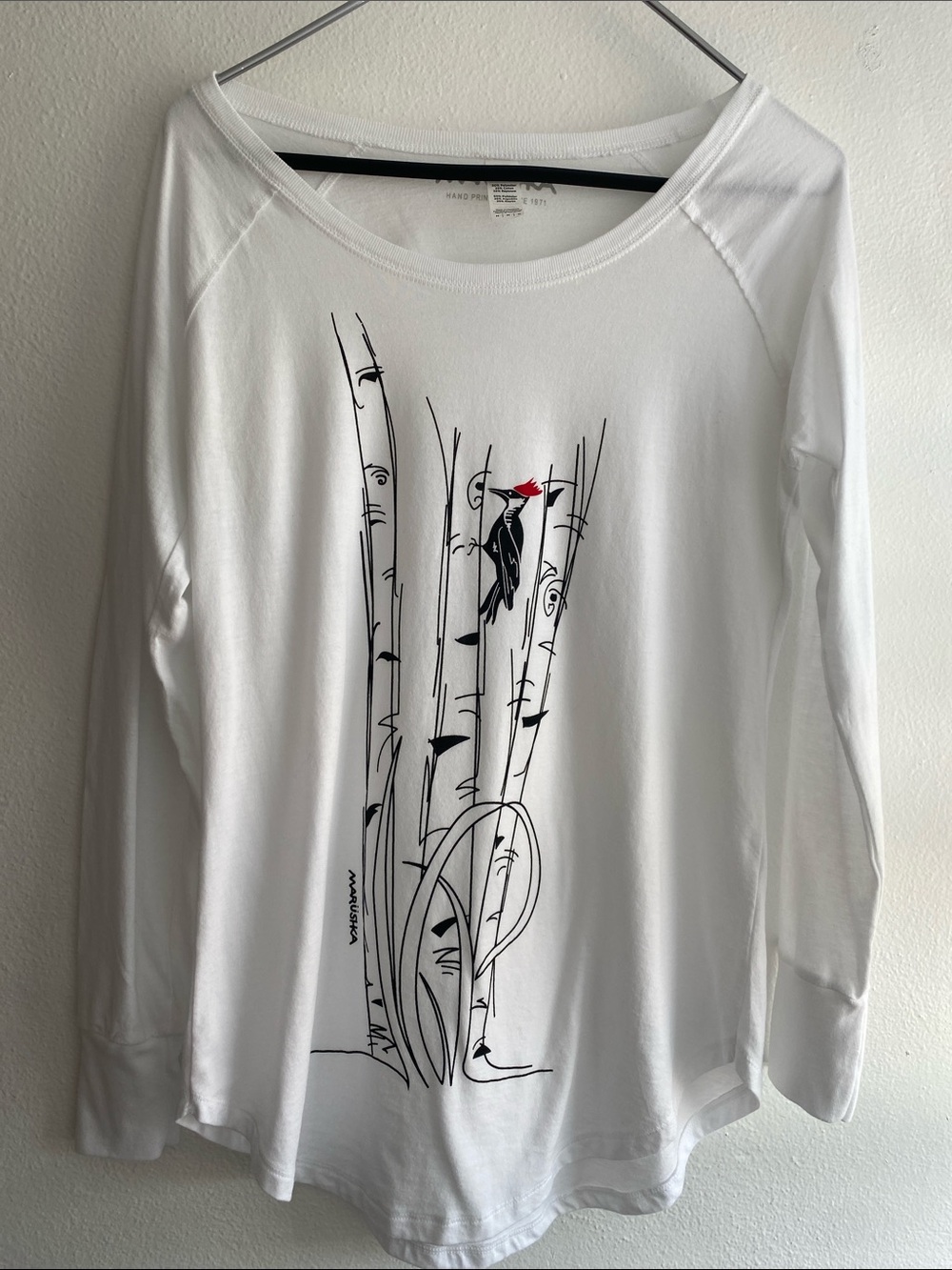 Maruska RARE White Long-Sleeve Hand Printed Tee with Woodpecker Illustration